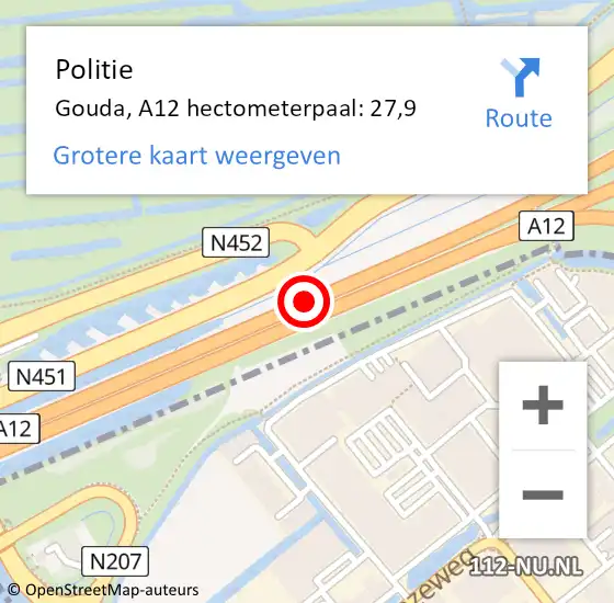 Locatie op kaart van de 112 melding: Politie Gouda, A12 hectometerpaal: 27,9 op 27 oktober 2022 19:18