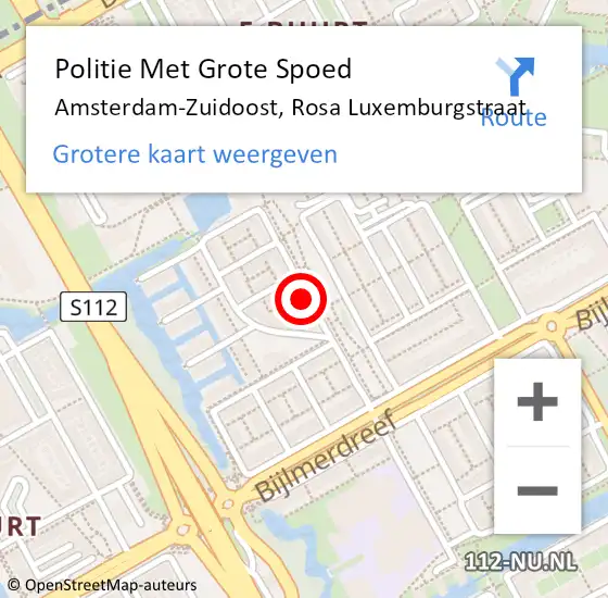 Locatie op kaart van de 112 melding: Politie Met Grote Spoed Naar Amsterdam-Zuidoost, Rosa Luxemburgstraat op 27 oktober 2022 19:40