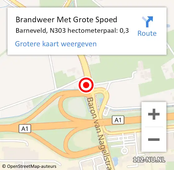 Locatie op kaart van de 112 melding: Brandweer Met Grote Spoed Naar Barneveld, N303 hectometerpaal: 0,3 op 27 oktober 2022 19:48