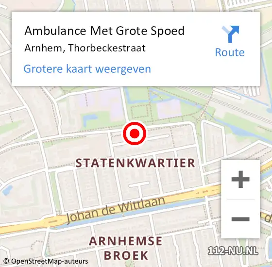 Locatie op kaart van de 112 melding: Ambulance Met Grote Spoed Naar Arnhem, Thorbeckestraat op 27 oktober 2022 22:44