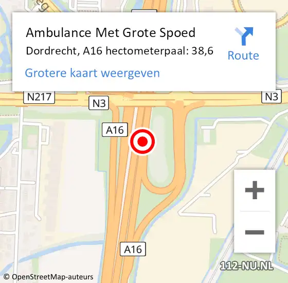 Locatie op kaart van de 112 melding: Ambulance Met Grote Spoed Naar Dordrecht, A16 hectometerpaal: 38,6 op 28 oktober 2022 07:05