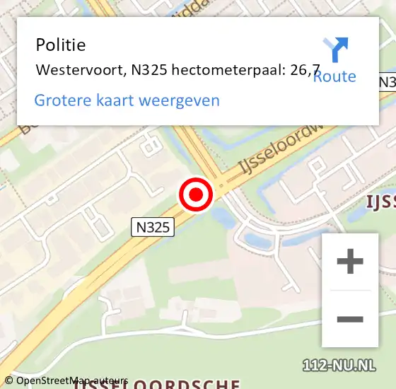 Locatie op kaart van de 112 melding: Politie Westervoort, N325 hectometerpaal: 26,7 op 28 oktober 2022 08:08