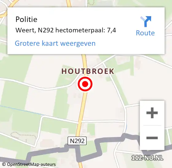 Locatie op kaart van de 112 melding: Politie Weert, N292 hectometerpaal: 7,4 op 28 oktober 2022 08:37