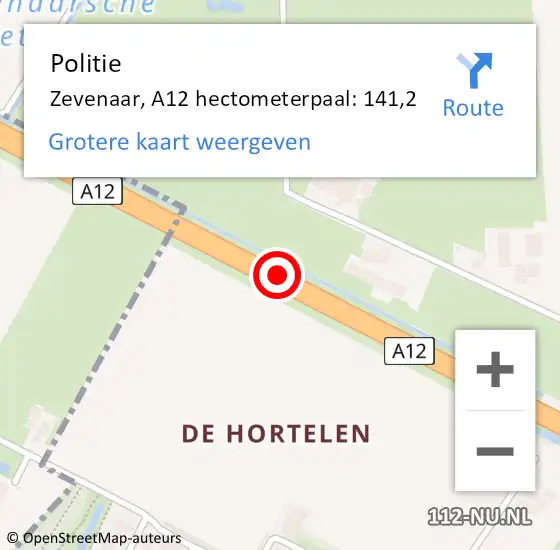 Locatie op kaart van de 112 melding: Politie Zevenaar, A12 hectometerpaal: 141,2 op 28 oktober 2022 10:22