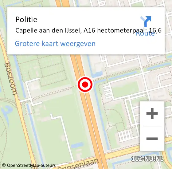 Locatie op kaart van de 112 melding: Politie Rotterdam, A16 hectometerpaal: 16,6 op 28 oktober 2022 13:20