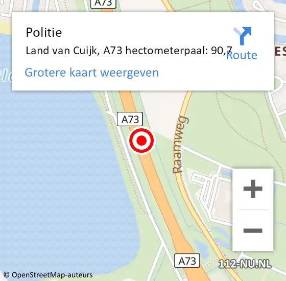 Locatie op kaart van de 112 melding: Politie Land van Cuijk, A73 hectometerpaal: 90,7 op 28 oktober 2022 13:26