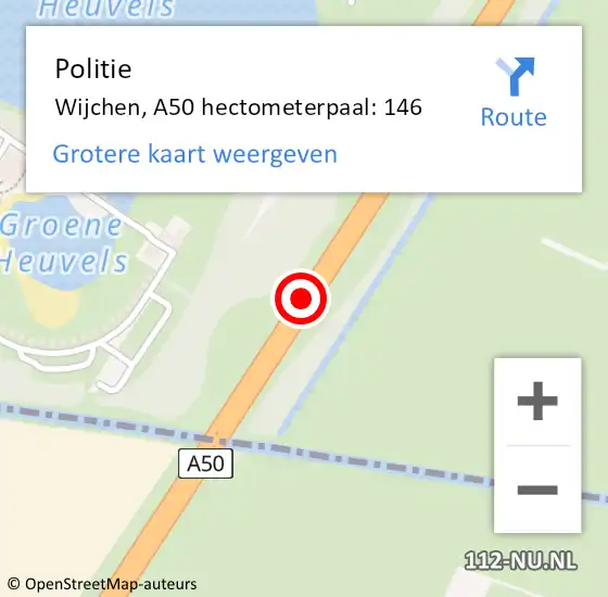 Locatie op kaart van de 112 melding: Politie Wijchen, A50 hectometerpaal: 146 op 28 oktober 2022 13:46