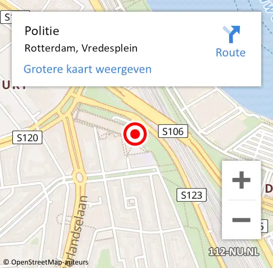 Locatie op kaart van de 112 melding: Politie Rotterdam, Vredesplein op 28 oktober 2022 14:59