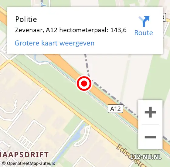 Locatie op kaart van de 112 melding: Politie Zevenaar, A12 hectometerpaal: 143,6 op 28 oktober 2022 15:17