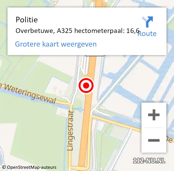 Locatie op kaart van de 112 melding: Politie Overbetuwe, A325 hectometerpaal: 16,6 op 28 oktober 2022 15:47