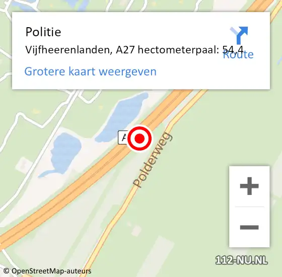 Locatie op kaart van de 112 melding: Politie Vijfheerenlanden, A27 hectometerpaal: 54,4 op 28 oktober 2022 15:55