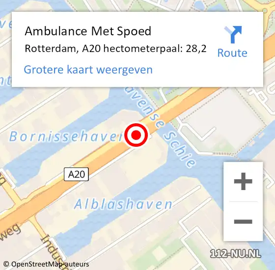 Locatie op kaart van de 112 melding: Ambulance Met Spoed Naar Rotterdam, A20 hectometerpaal: 28,2 op 28 oktober 2022 16:02