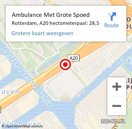 Locatie op kaart van de 112 melding: Ambulance Met Grote Spoed Naar Rotterdam, A20 hectometerpaal: 28,5 op 28 oktober 2022 16:12