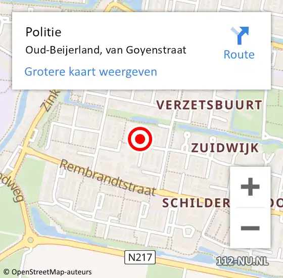 Locatie op kaart van de 112 melding: Politie Oud-Beijerland, van Goyenstraat op 28 oktober 2022 17:07