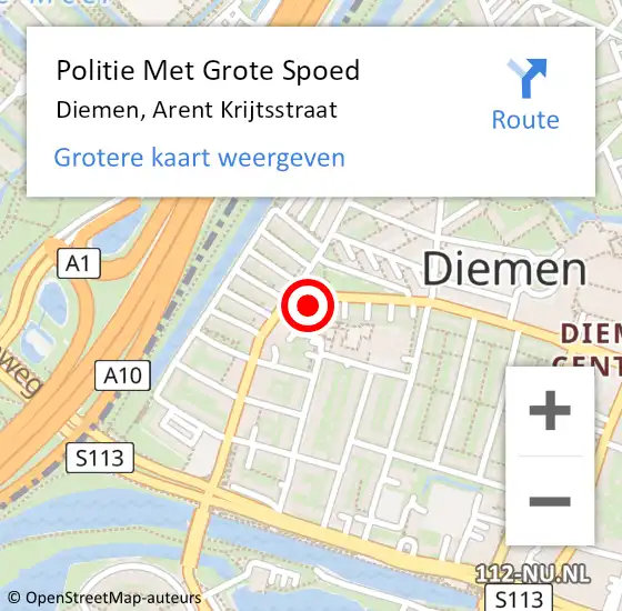 Locatie op kaart van de 112 melding: Politie Met Grote Spoed Naar Diemen, Arent Krijtsstraat op 28 oktober 2022 17:09