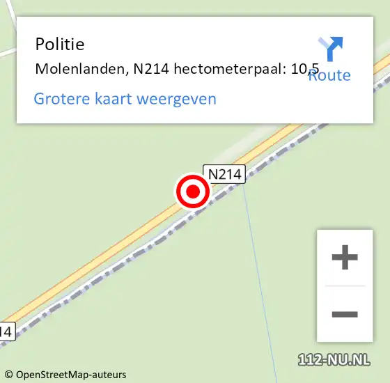 Locatie op kaart van de 112 melding: Politie Molenlanden, N214 hectometerpaal: 10,5 op 28 oktober 2022 17:43