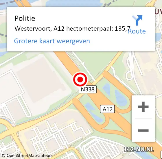 Locatie op kaart van de 112 melding: Politie Westervoort, A12 hectometerpaal: 135,7 op 28 oktober 2022 18:23