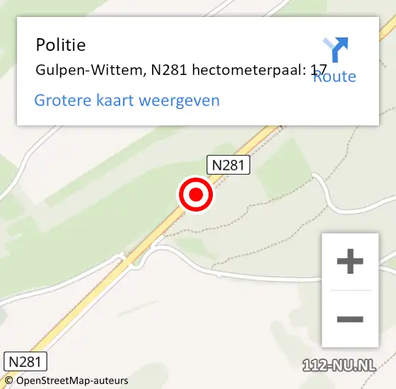 Locatie op kaart van de 112 melding: Politie Gulpen-Wittem, N281 hectometerpaal: 17 op 28 oktober 2022 19:23