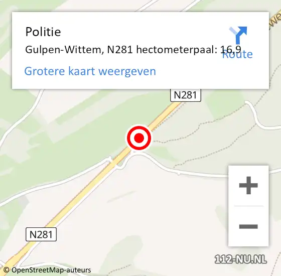 Locatie op kaart van de 112 melding: Politie Gulpen-Wittem, N281 hectometerpaal: 16,9 op 28 oktober 2022 19:25