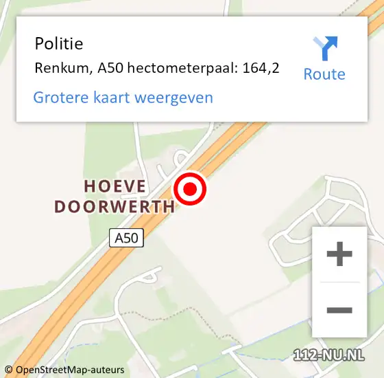 Locatie op kaart van de 112 melding: Politie Renkum, A50 hectometerpaal: 164,2 op 28 oktober 2022 20:06