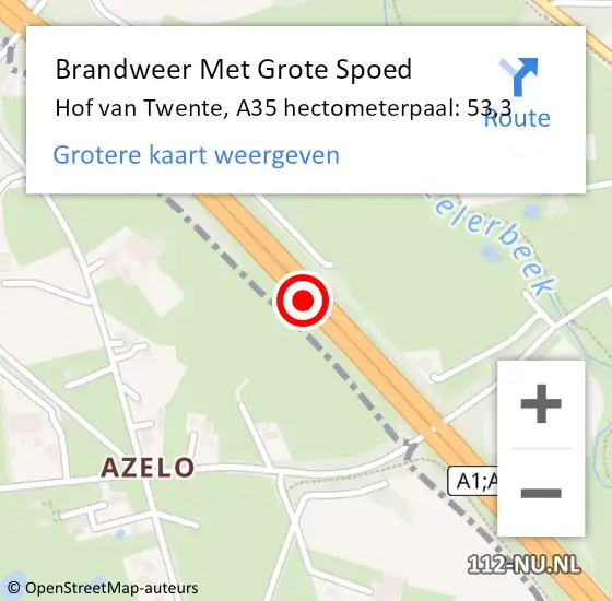 Locatie op kaart van de 112 melding: Brandweer Met Grote Spoed Naar Hof van Twente, A35 hectometerpaal: 53,3 op 28 oktober 2022 20:35