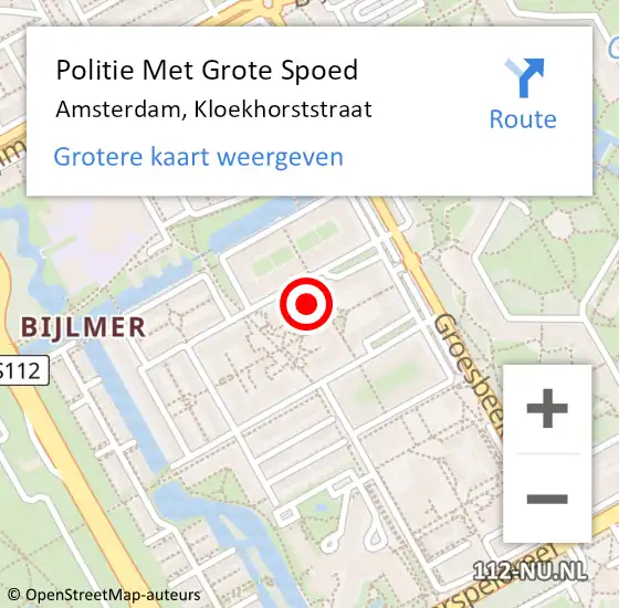Locatie op kaart van de 112 melding: Politie Met Grote Spoed Naar Amsterdam-Zuidoost, Kloekhorststraat op 28 oktober 2022 21:02