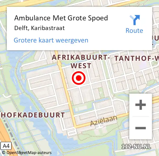 Locatie op kaart van de 112 melding: Ambulance Met Grote Spoed Naar Delft, Karibastraat op 28 oktober 2022 22:44