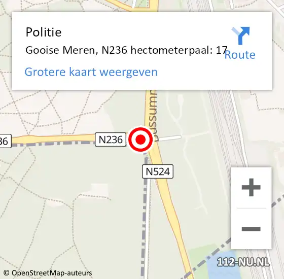 Locatie op kaart van de 112 melding: Politie Gooise Meren, N236 hectometerpaal: 17 op 28 oktober 2022 23:55