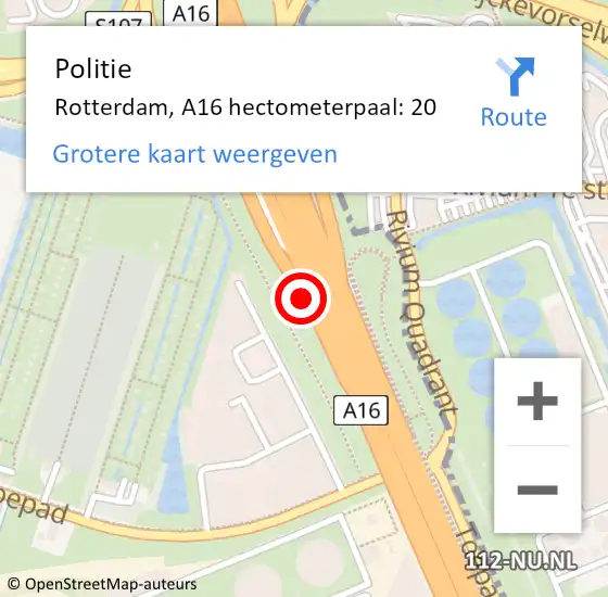 Locatie op kaart van de 112 melding: Politie Rotterdam, A16 hectometerpaal: 20 op 29 oktober 2022 02:36