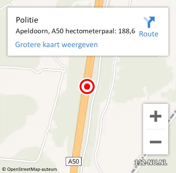 Locatie op kaart van de 112 melding: Politie Apeldoorn, A50 hectometerpaal: 188,6 op 29 oktober 2022 07:40