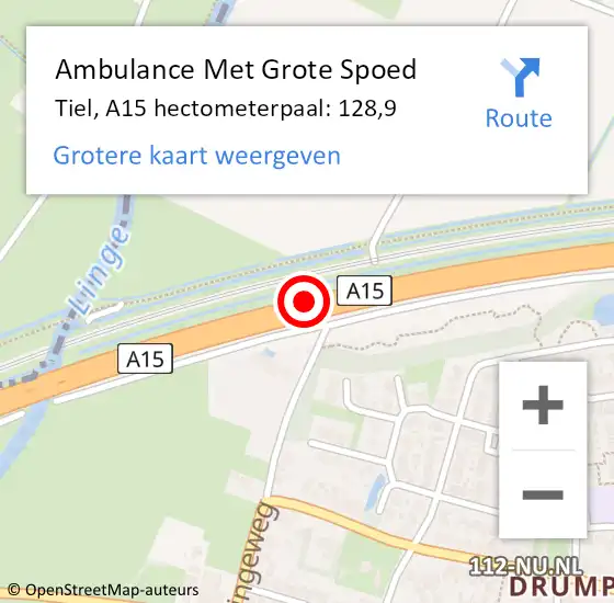 Locatie op kaart van de 112 melding: Ambulance Met Grote Spoed Naar Tiel, A15 hectometerpaal: 128,9 op 29 oktober 2022 07:42