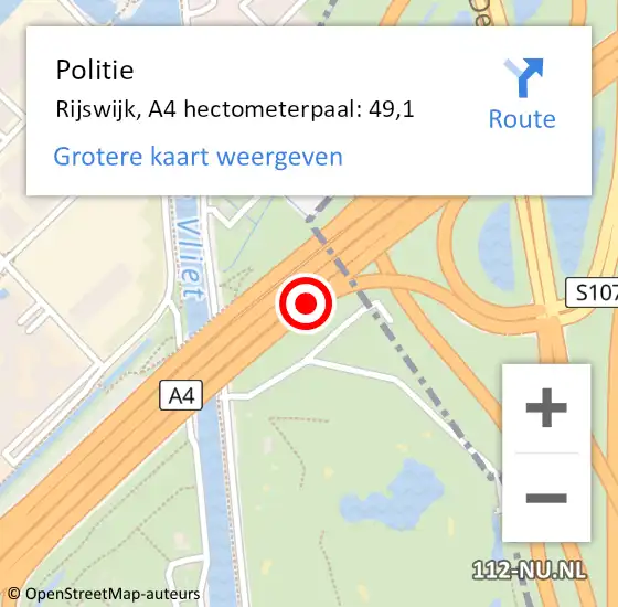 Locatie op kaart van de 112 melding: Politie Den Haag, A4 hectometerpaal: 49,1 op 29 oktober 2022 08:49