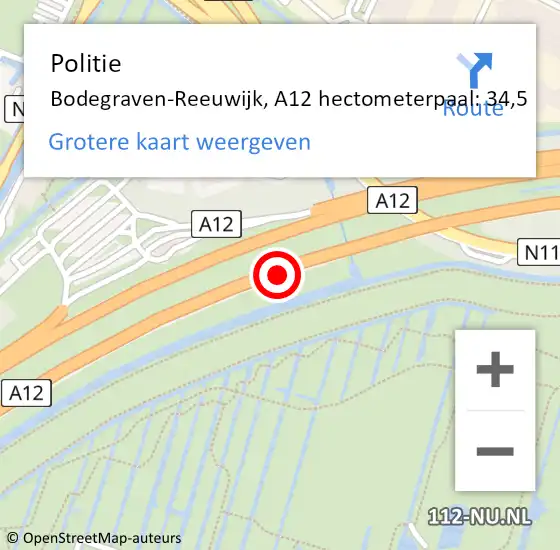 Locatie op kaart van de 112 melding: Politie Bodegraven-Reeuwijk, A12 hectometerpaal: 34,5 op 29 oktober 2022 10:46