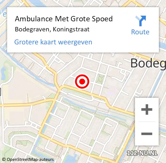 Locatie op kaart van de 112 melding: Ambulance Met Grote Spoed Naar Bodegraven, Koningstraat op 29 oktober 2022 11:23