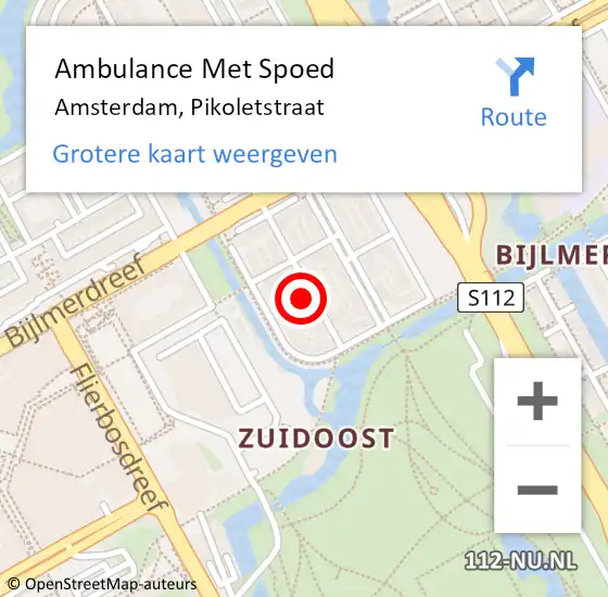 Locatie op kaart van de 112 melding: Ambulance Met Spoed Naar Amsterdam-Zuidoost, Pikoletstraat op 29 oktober 2022 12:03