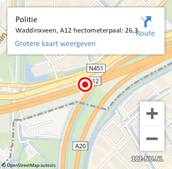 Locatie op kaart van de 112 melding: Politie Waddinxveen, A12 hectometerpaal: 26,3 op 29 oktober 2022 12:11