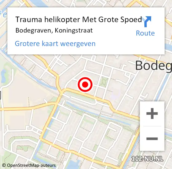 Locatie op kaart van de 112 melding: Trauma helikopter Met Grote Spoed Naar Bodegraven, Koningstraat op 29 oktober 2022 13:06