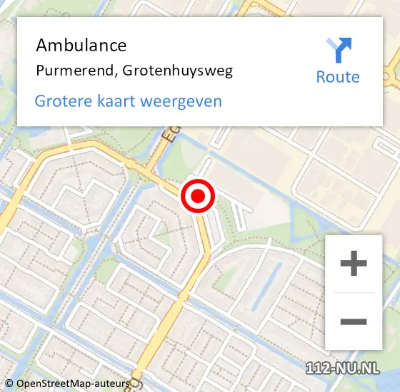 Locatie op kaart van de 112 melding: Ambulance Purmerend, Grotenhuysweg op 29 oktober 2022 13:11