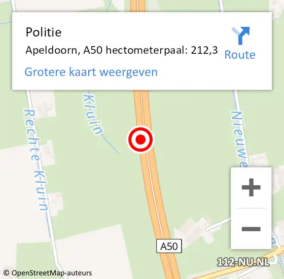Locatie op kaart van de 112 melding: Politie Apeldoorn, A50 hectometerpaal: 212,3 op 29 oktober 2022 13:19