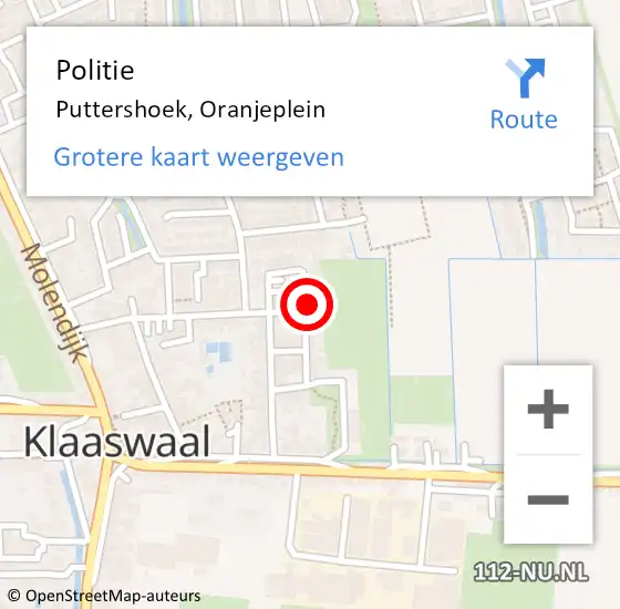 Locatie op kaart van de 112 melding: Politie Puttershoek, Oranjeplein op 29 oktober 2022 13:30