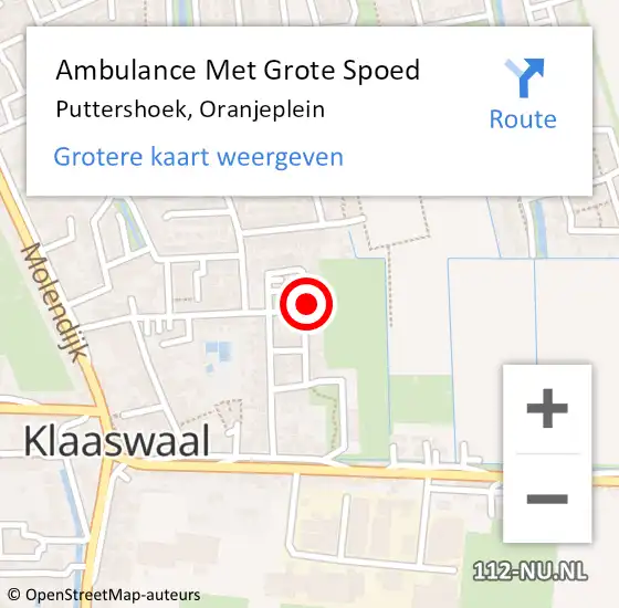 Locatie op kaart van de 112 melding: Ambulance Met Grote Spoed Naar Puttershoek, Oranjeplein op 29 oktober 2022 13:33