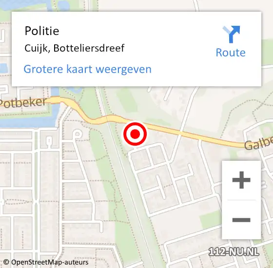 Locatie op kaart van de 112 melding: Politie Cuijk, Botteliersdreef op 29 oktober 2022 14:34