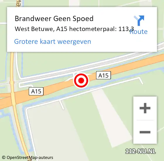 Locatie op kaart van de 112 melding: Brandweer Geen Spoed Naar West Betuwe, A15 hectometerpaal: 113,3 op 29 oktober 2022 17:06