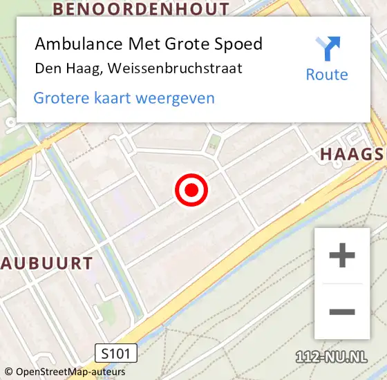 Locatie op kaart van de 112 melding: Ambulance Met Grote Spoed Naar Den Haag, Weissenbruchstraat op 29 oktober 2022 17:46