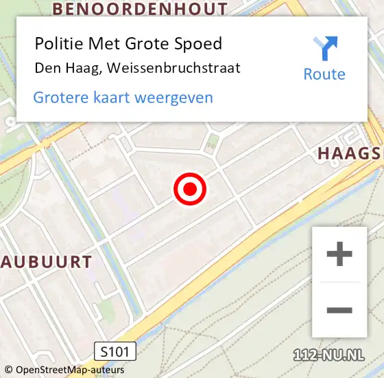 Locatie op kaart van de 112 melding: Politie Met Grote Spoed Naar Den Haag, Weissenbruchstraat op 29 oktober 2022 18:17