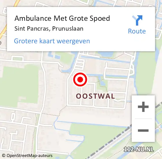 Locatie op kaart van de 112 melding: Ambulance Met Grote Spoed Naar Sint Pancras, Prunuslaan op 29 oktober 2022 22:48