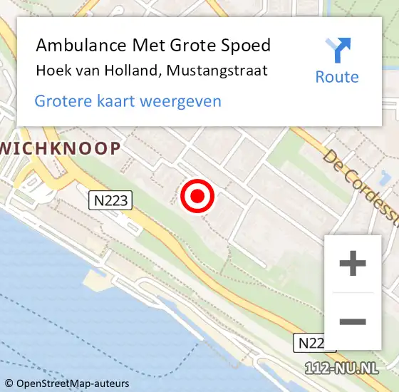 Locatie op kaart van de 112 melding: Ambulance Met Grote Spoed Naar Hoek van Holland, Mustangstraat op 29 oktober 2022 23:29