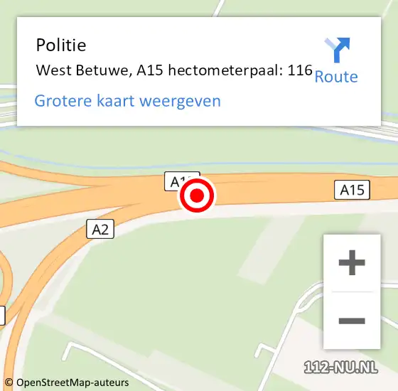Locatie op kaart van de 112 melding: Politie West Betuwe, A15 hectometerpaal: 116 op 30 oktober 2022 01:13