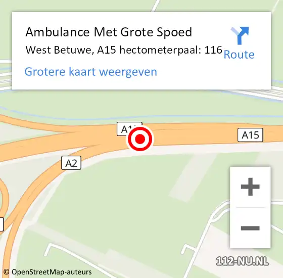 Locatie op kaart van de 112 melding: Ambulance Met Grote Spoed Naar West Betuwe, A15 hectometerpaal: 116 op 30 oktober 2022 01:14