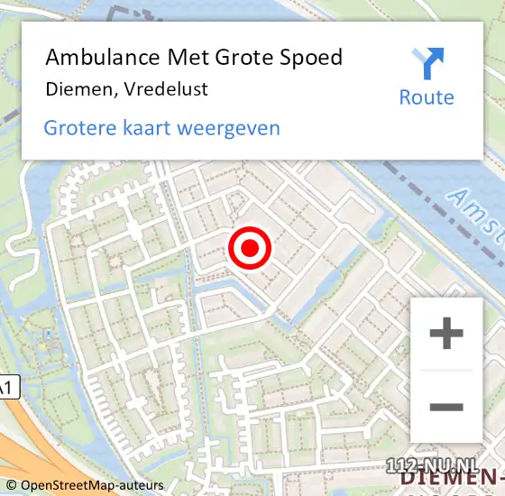Locatie op kaart van de 112 melding: Ambulance Met Grote Spoed Naar Diemen, Vredelust op 30 oktober 2022 02:15